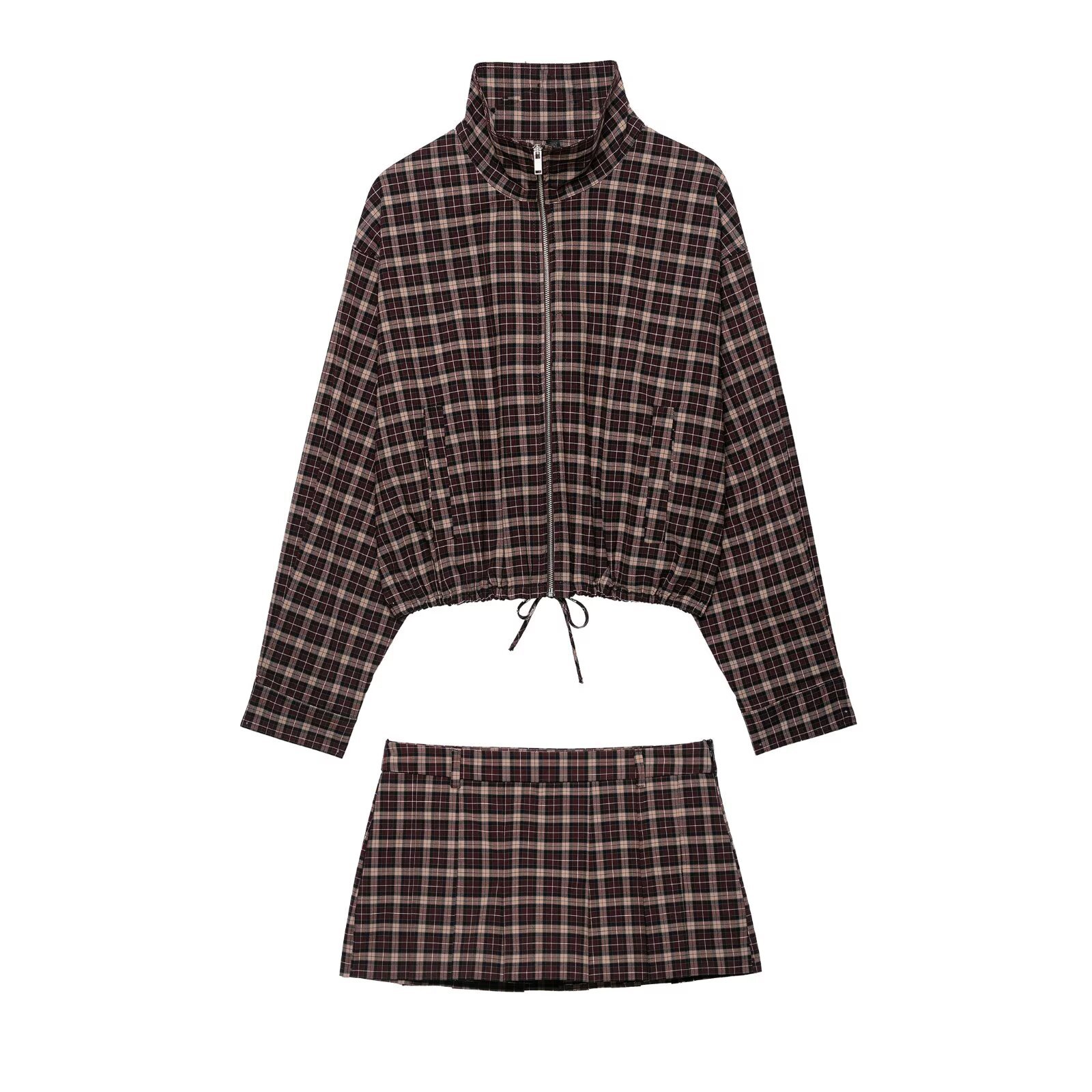 Women's Retro Plaid Jacket and Midi Skirt Set