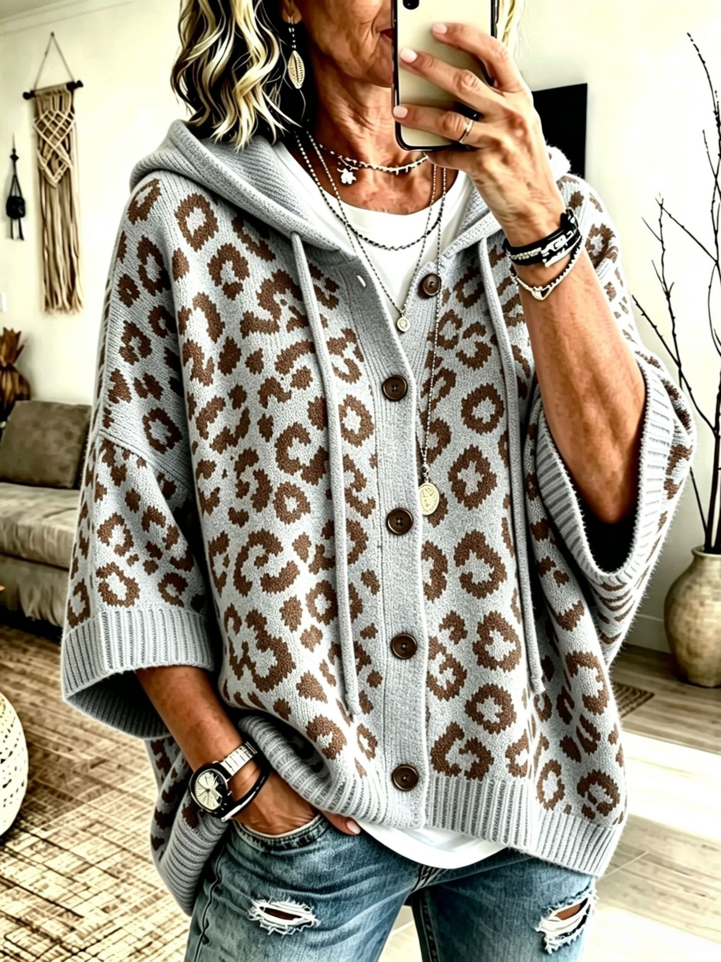 Leopard Print Button-Up Hooded Knit Cardigan Sweater