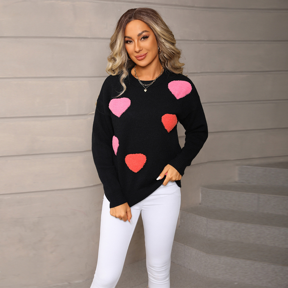 Plus Size Heart Colorblock Crewneck Knit Sweater