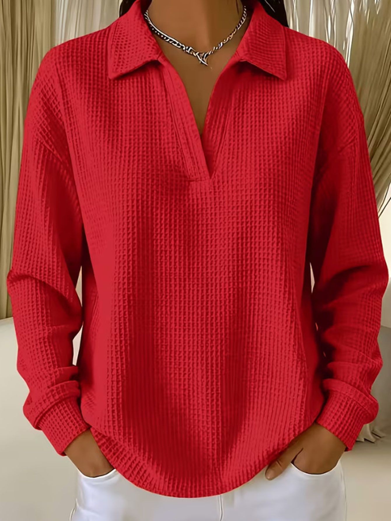 Waffle Knit V-Neck Pullover Top with Collar and Drop Shoulders