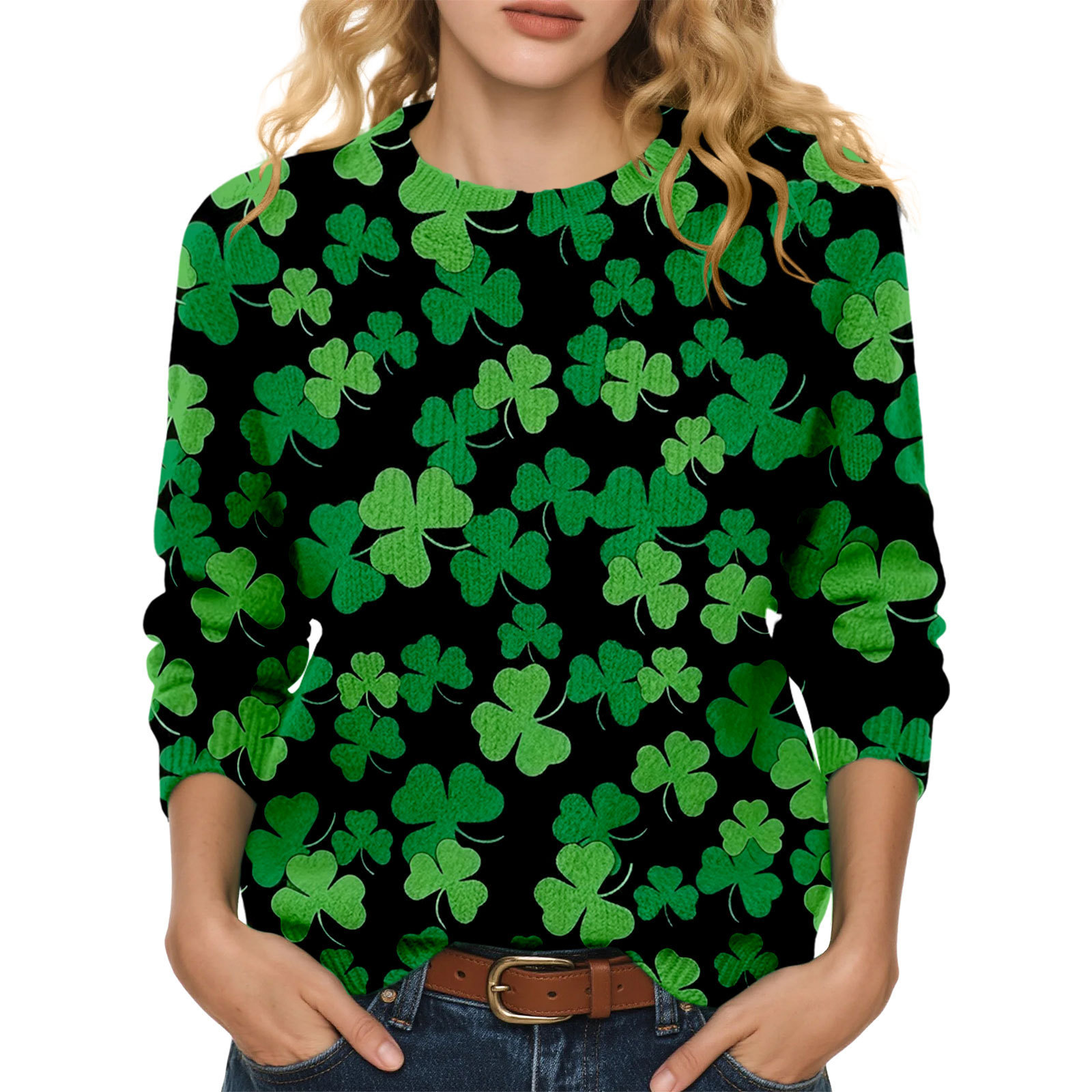 Lucky Clover Print Crewneck Sweatshirt for Women Casual Pullover