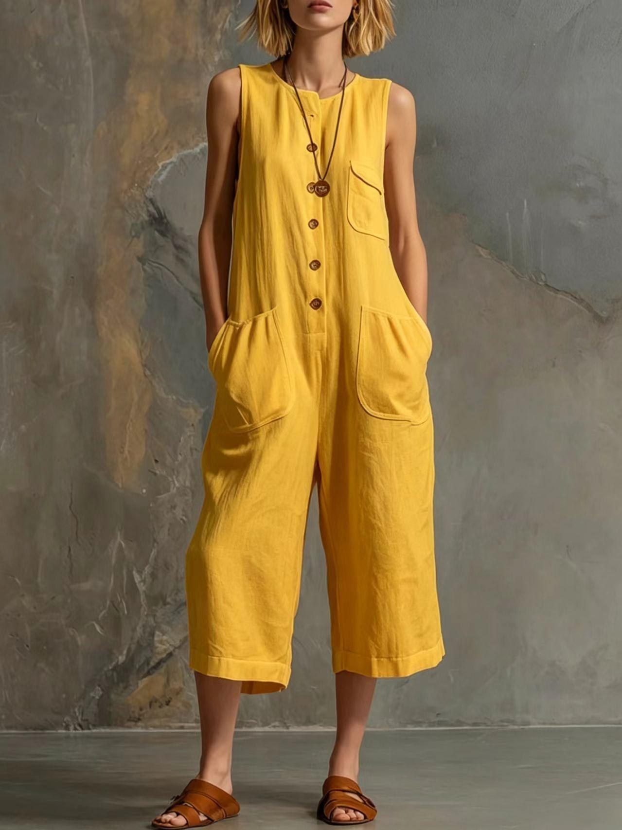 Women's Sleeveless Cotton-Linen Wide-Leg Capri Jumpsuit