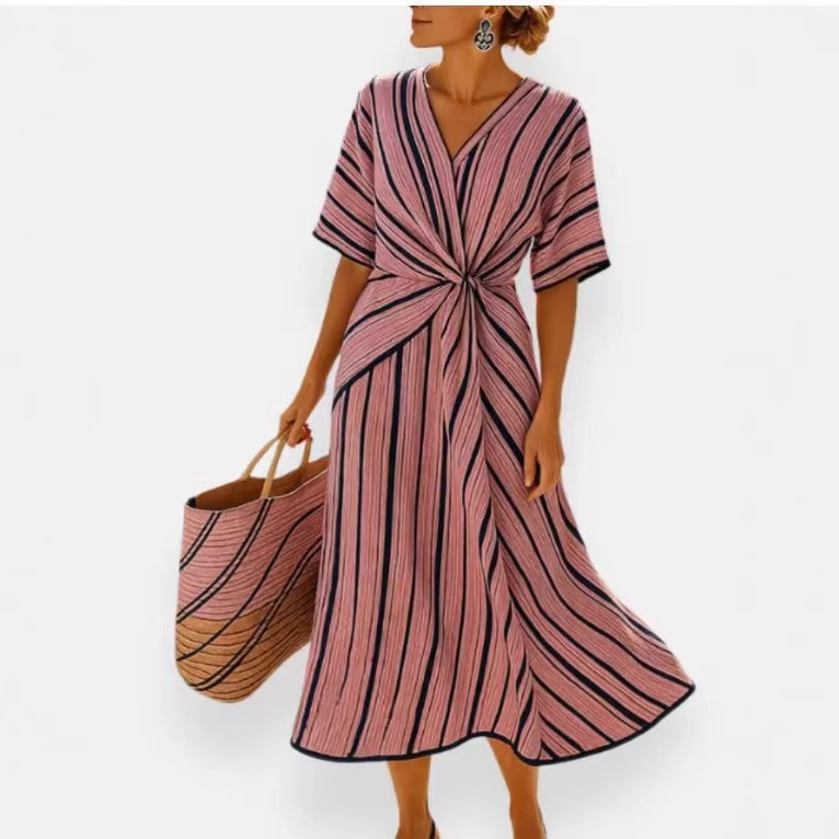Bohemian V-Neck Long Dress with Contrast Trim
