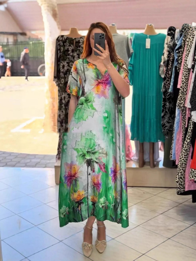 Women's Printed V-Neck Collared Casual Long Vacation Dress