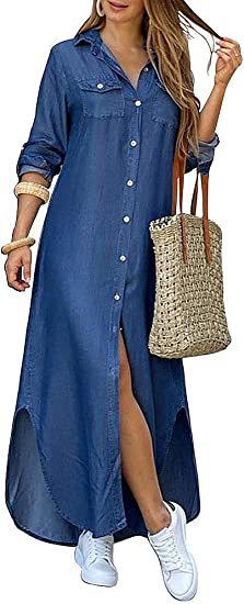 Women's Casual Button-Front Maxi Shirt Dress with Pockets