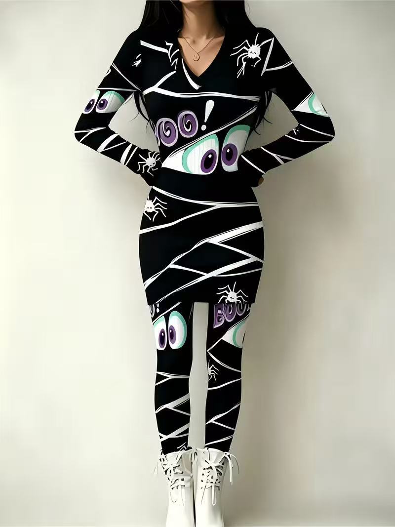 Anime Eye Print Long Sleeve Bodycon Top and Skirt Set