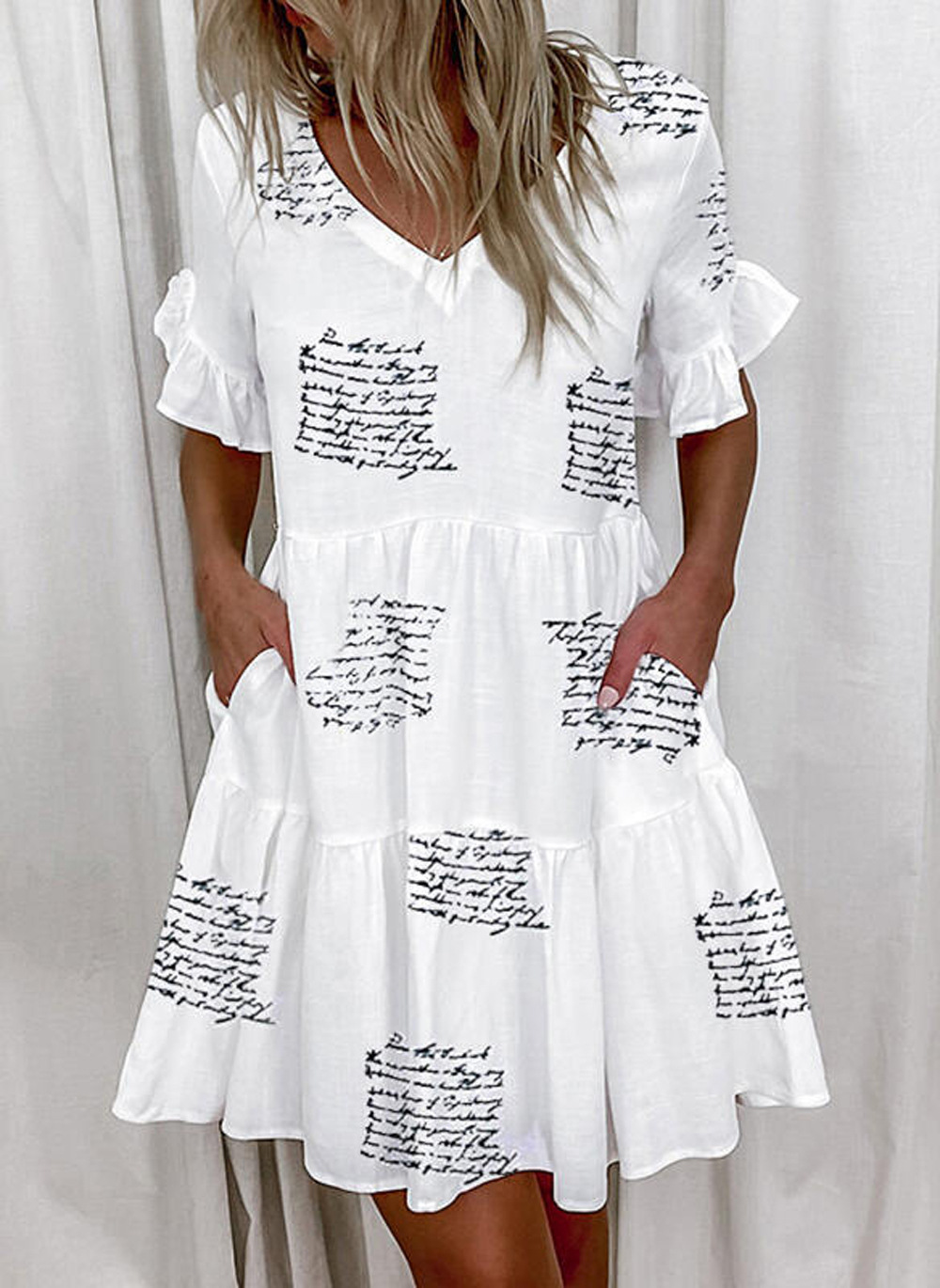 Women's Summer V-Neck Floral Ruffle Pocket Dress