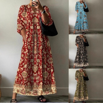 Women's V-Neck Floral Midi Dress Casual Long A-Line