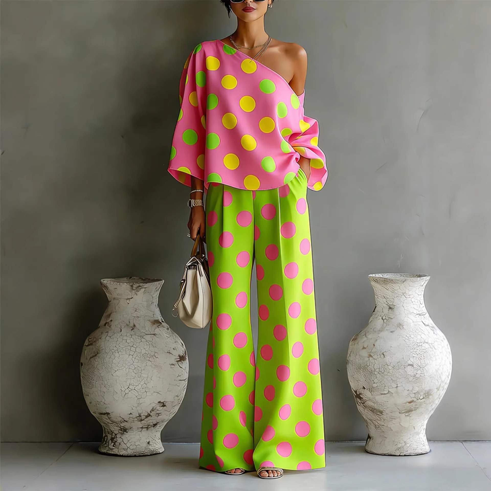 Colorful Polka Dot Off-Shoulder Flowy Two-Piece Pants Set for Women