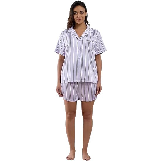 Women's Cuban Collar Satin Striped Print Short Sleeve Shirt Set