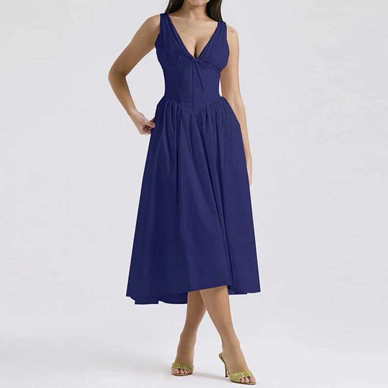 Elegant Open-Back Floral Print High-Waist Long Dress