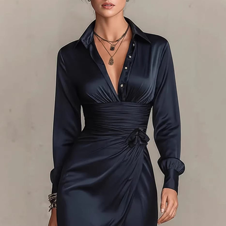 Women's Long Sleeve Button-Front Bodycon Dress with Pleated Waist