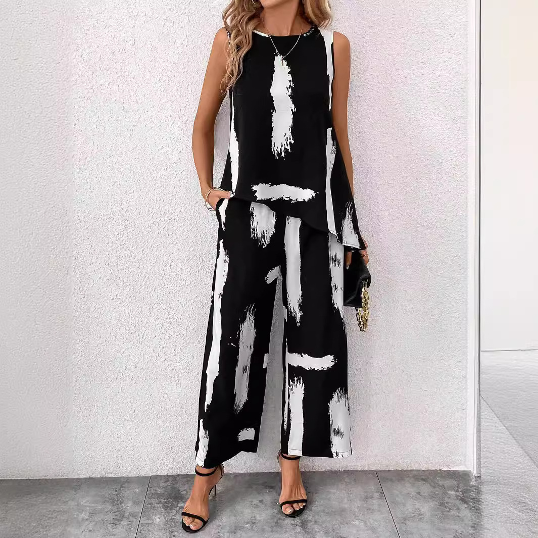 Women's Casual Sleeveless Printed Top and Straight-Leg Pants Set