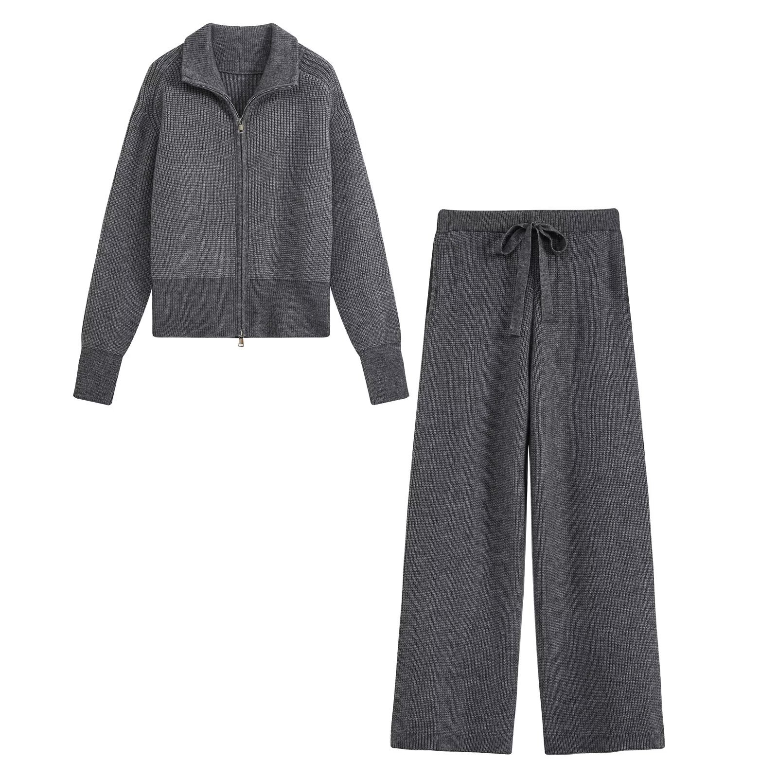 Women's Solid Color Zip Knit Two-Piece Pants Set