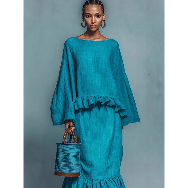 Solid Color Long Sleeve Top and Long Skirt Casual Set
