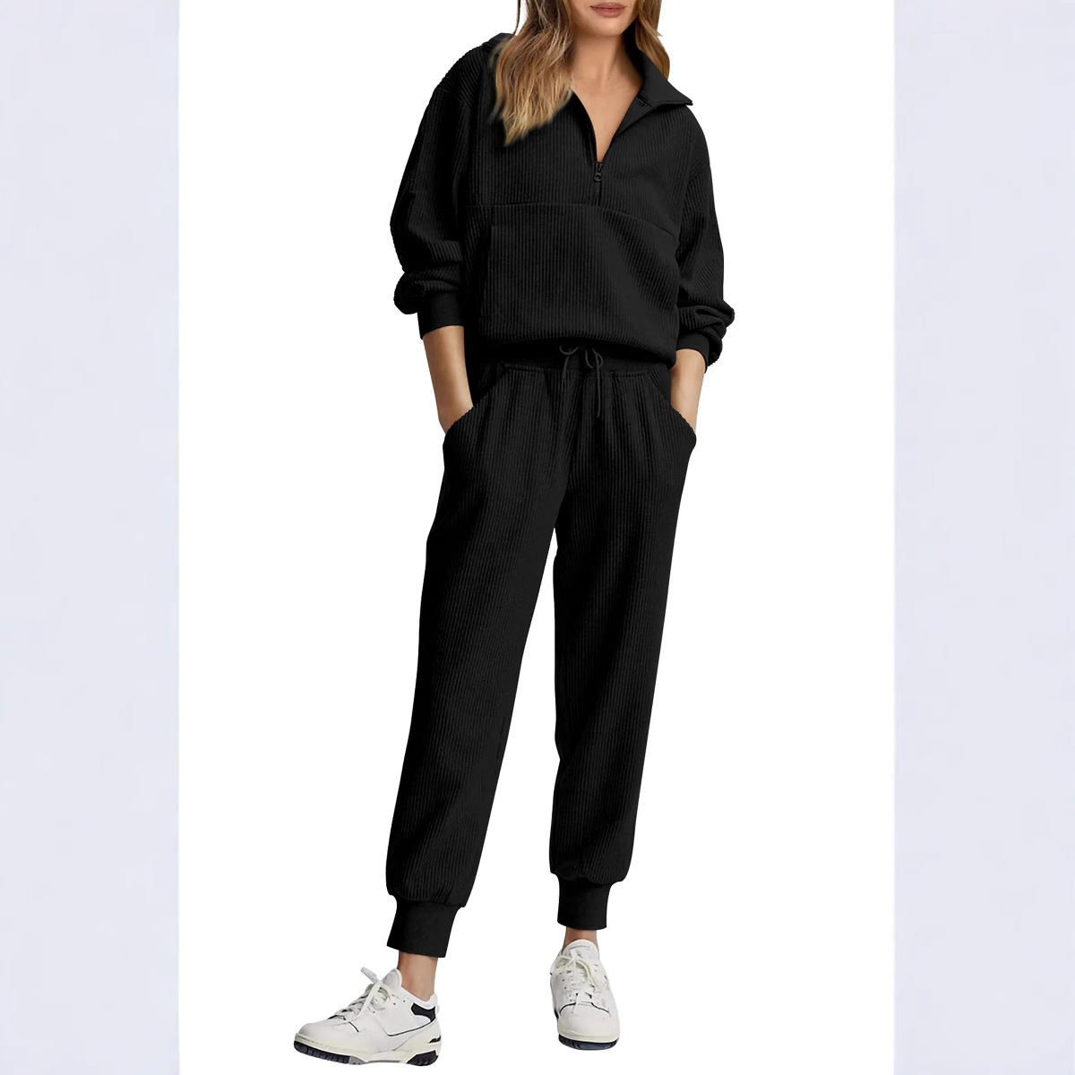 Women's Half-Zip Long Sleeve Top and Pants Casual Set