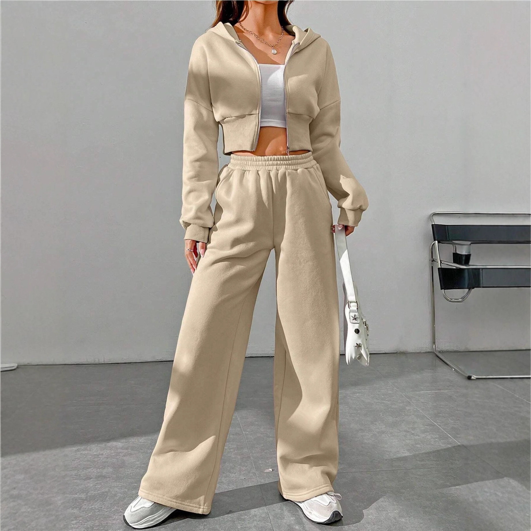 Women's Zip-Up Hoodie and Wide-Leg Pants Two-Piece Set