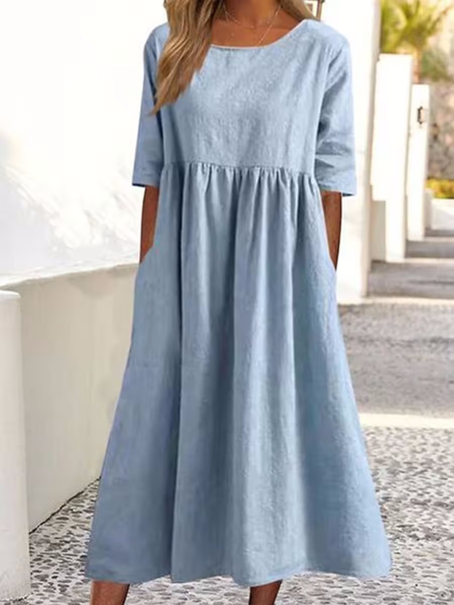 Cotton-Linen Short Sleeve Pocket Pleated Loose Round Neck Dress