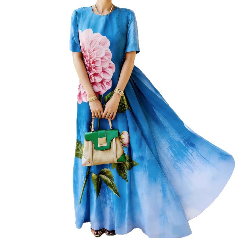 Floral Print Round Neck Short Sleeve Maxi Dress