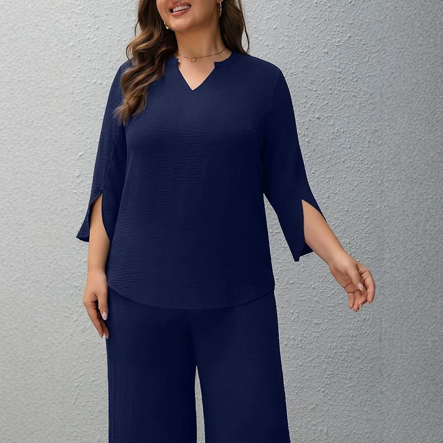 Women's Solid Color Two-Piece Set with Three-Quarter Sleeve Top and Wide-Leg Pants