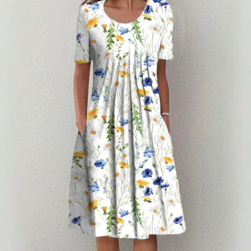 Plus Size Floral Print Short Sleeve Round Neck Midi Dress