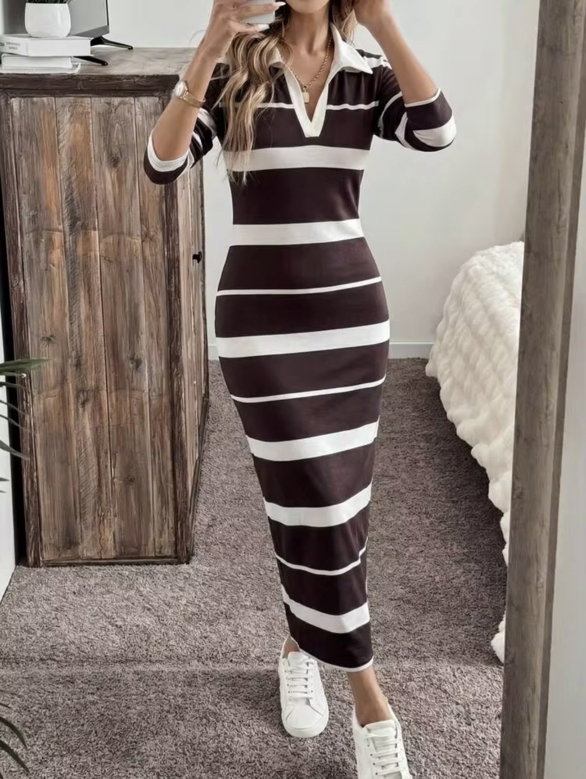 V-Neck Striped Print Long Bodycon Dress