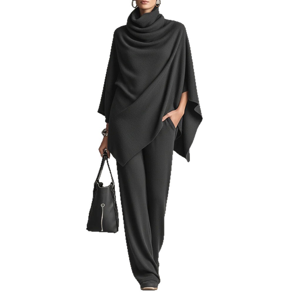 Women's German Velvet Cowl Neck Cape Top & Wide-Leg Pants Two-Piece Set