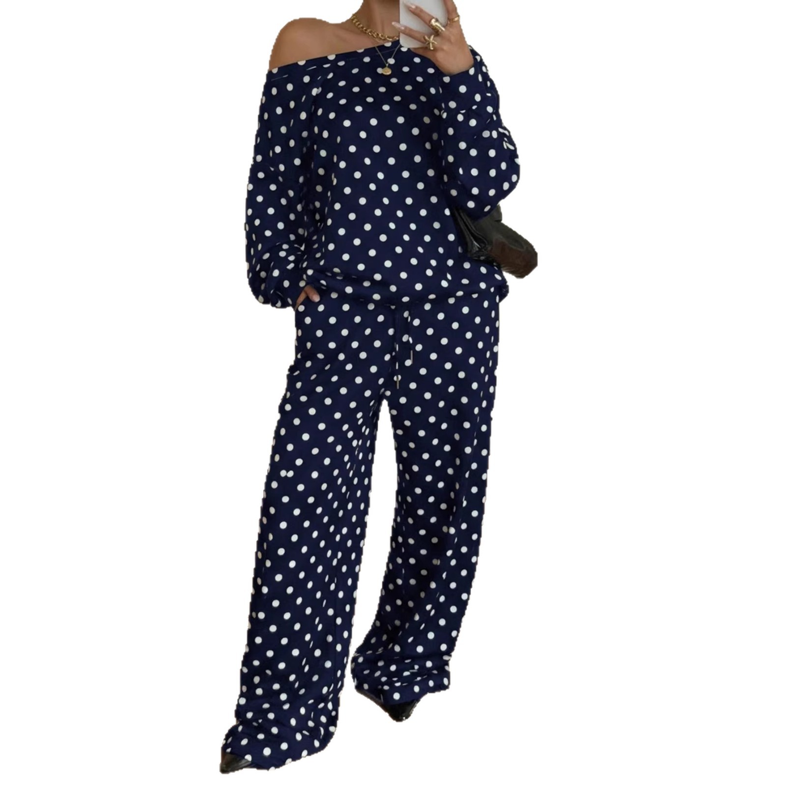 Women's Polka Dot Print One-Shoulder Long Sleeve Drawstring Pants Casual Two-Piece Set