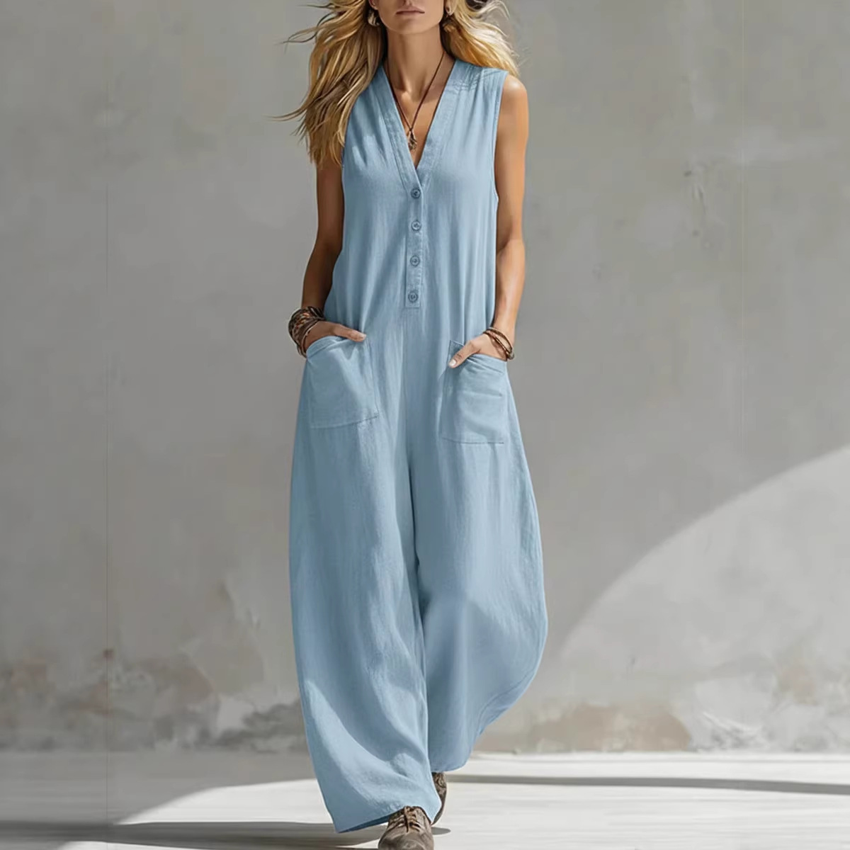 Sleeveless Linen-Blend Wide-Leg Jumpsuit with Pockets