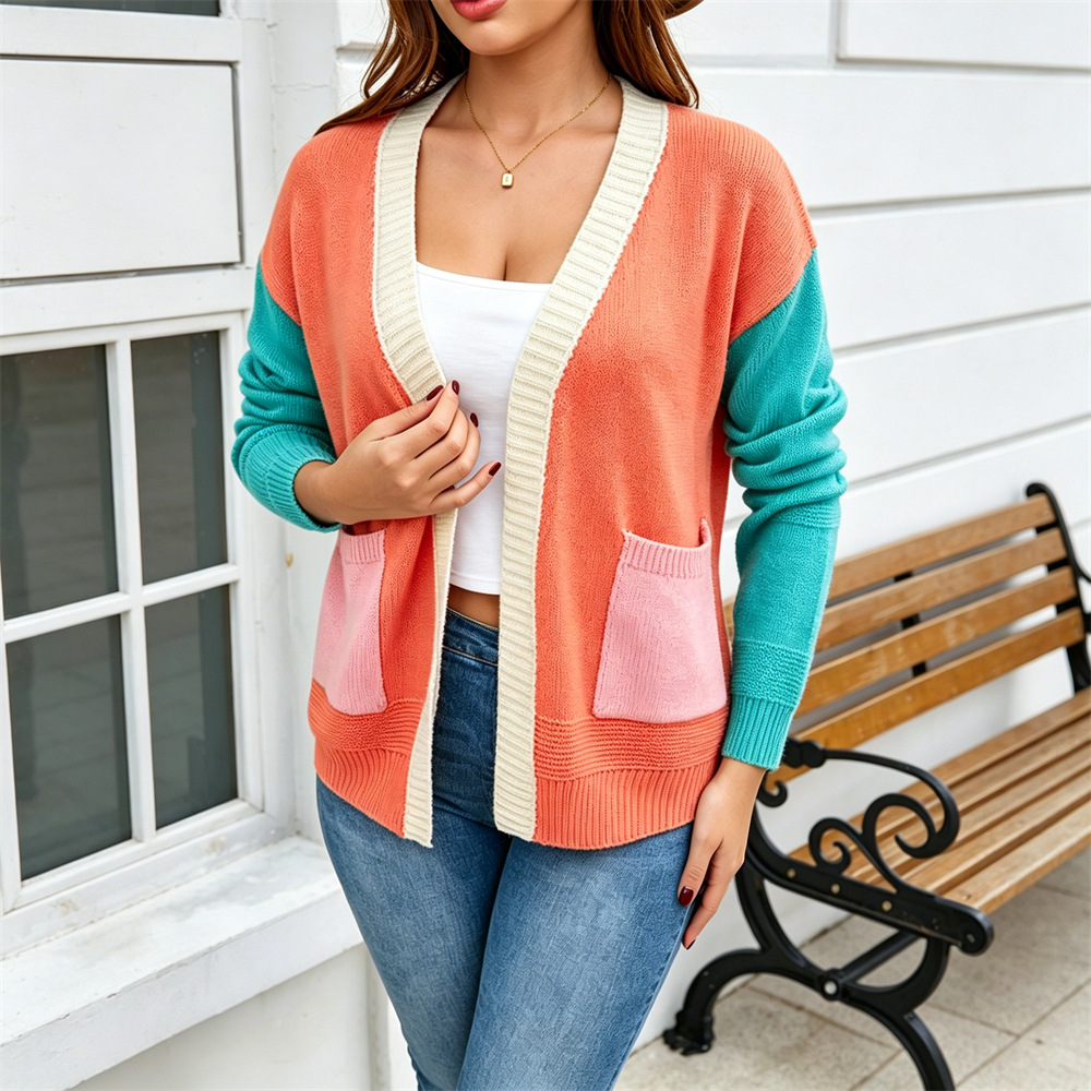 Plus Size Retro Colorblock Pocket Knit Cardigan Sweater Coat