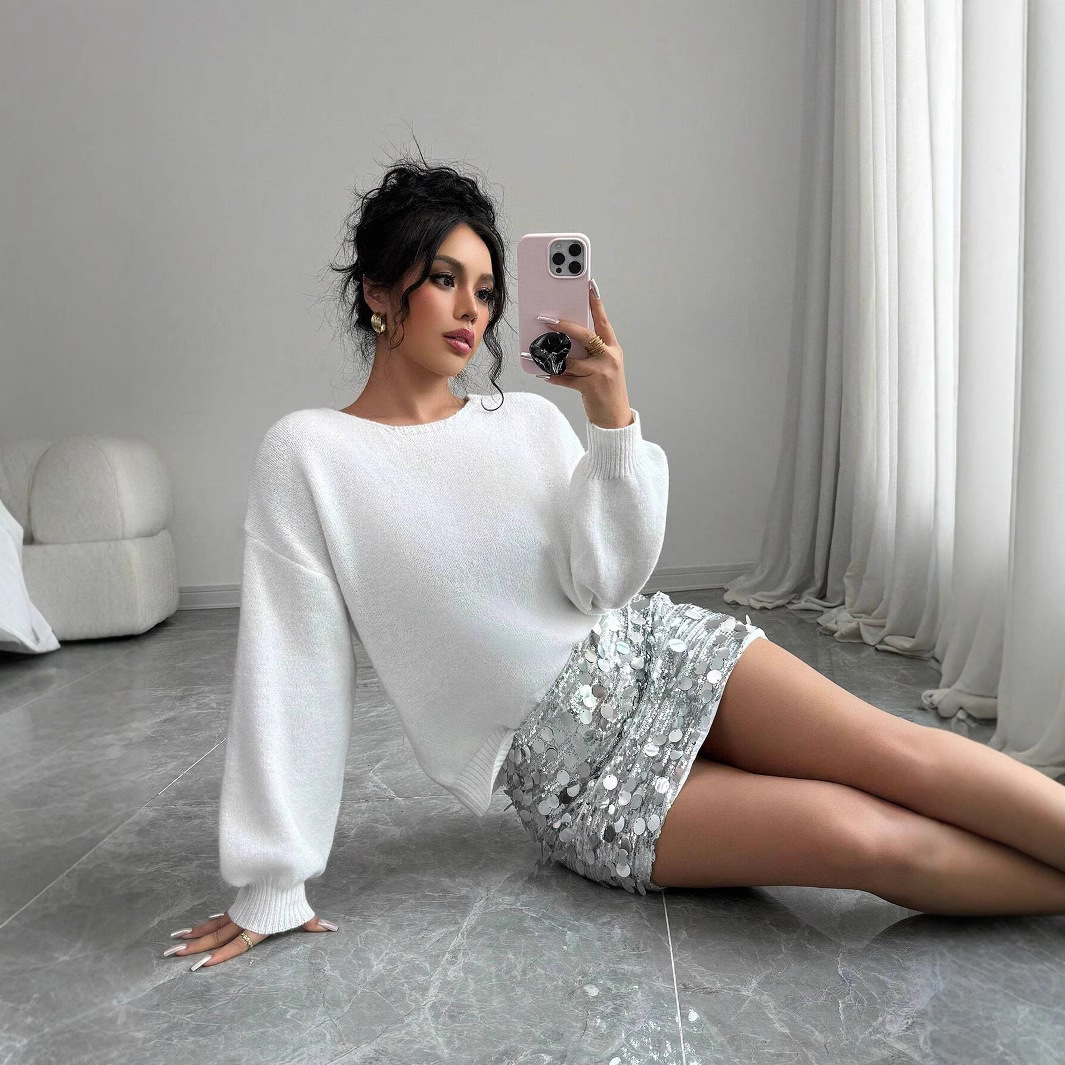 Sequin Bow Loose Long-Sleeve Knit Cardigan Sweater