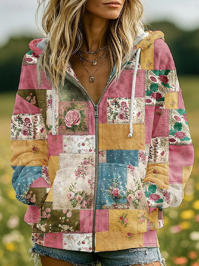 Women's Floral Pumpkin Print Zip-Up Hoodie