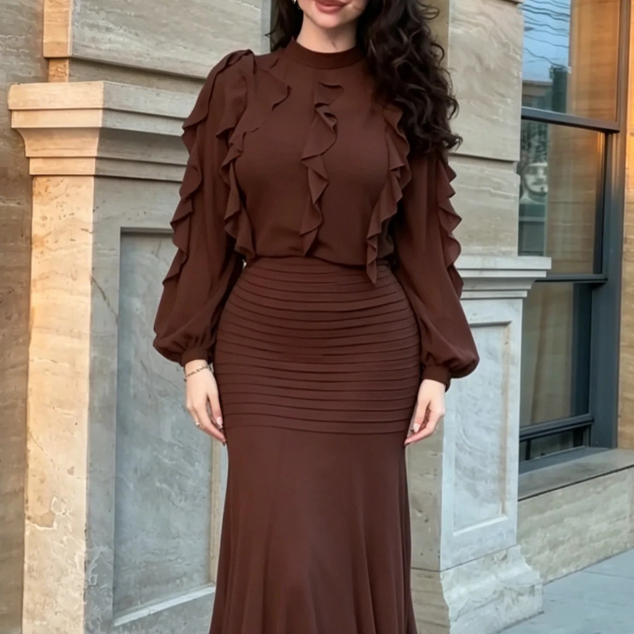 Women's Vintage Ruched Ruffled Slimming Long Dress Elegant Evening Gown