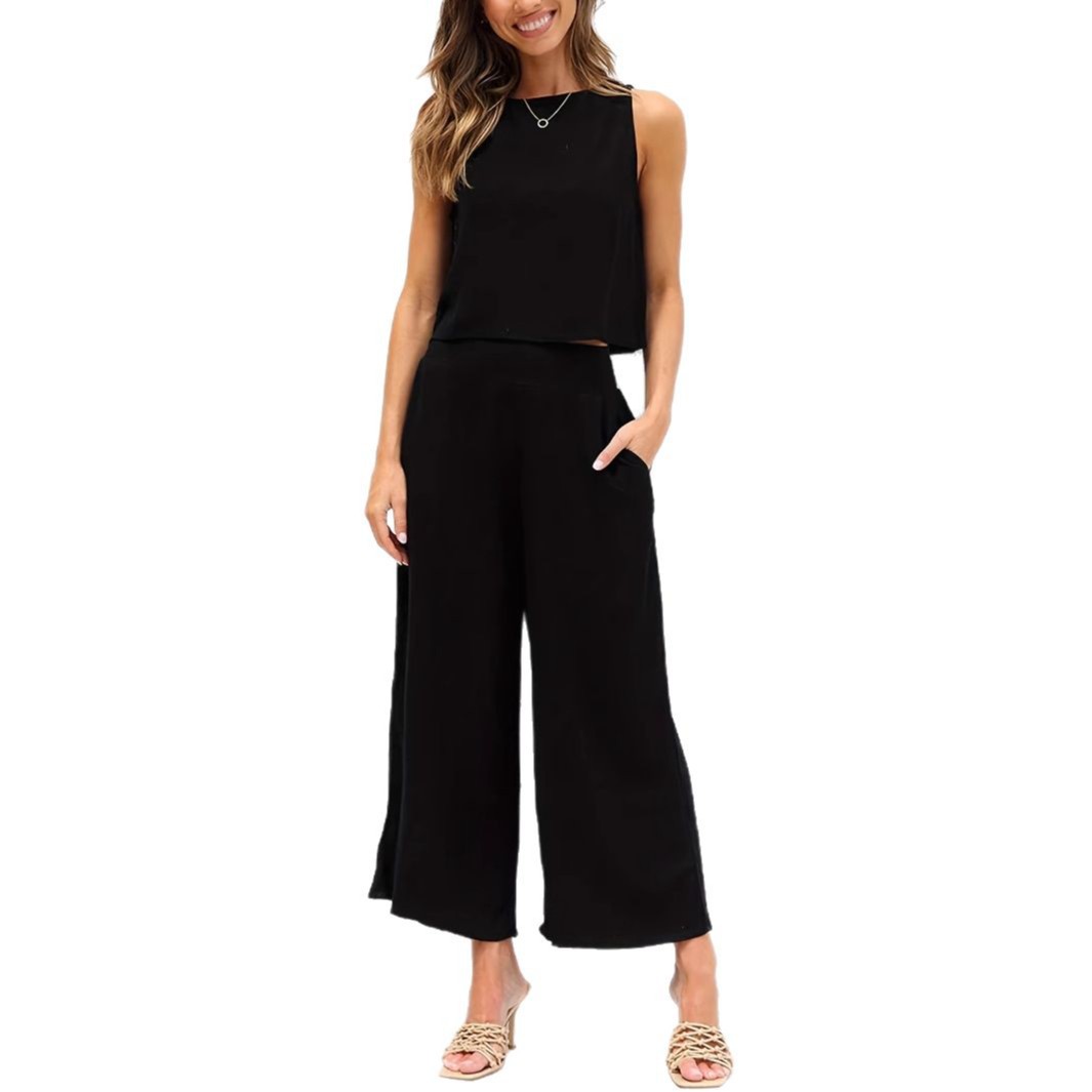 Women's Sleeveless Crop Button Top and Wide-Leg Pants Set with Pockets