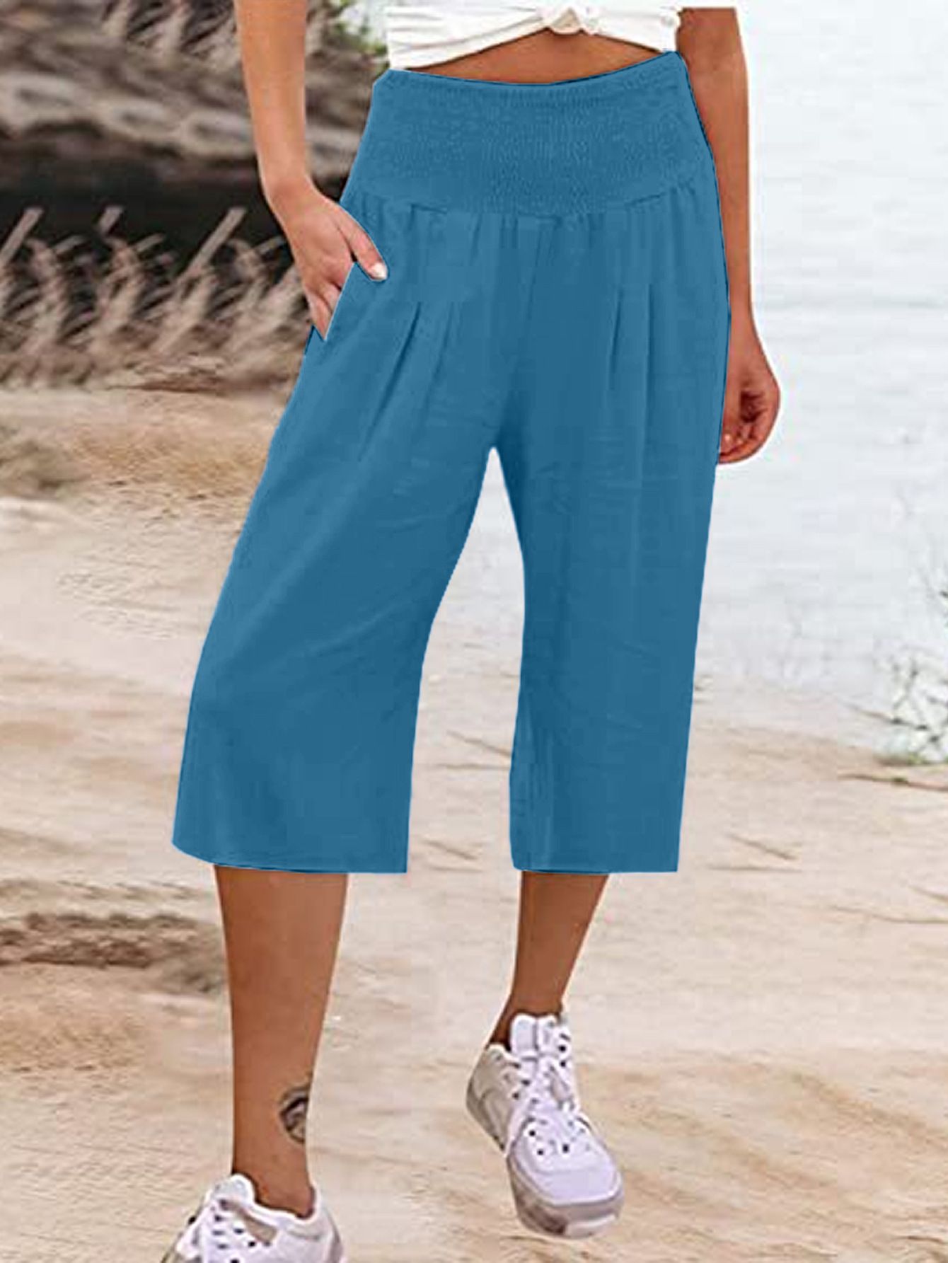 Women's Summer Smocked Wide-Leg Capri Pants Casual Loose Fit