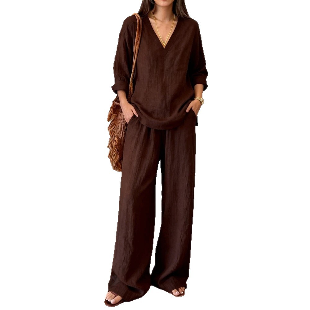 Women's V-Neck Long Sleeve Wide Leg Pants Two-Piece Set Solid Color