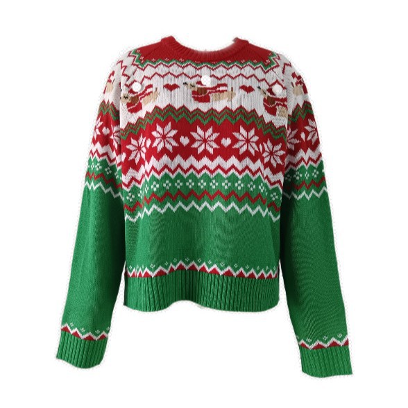 Women's Loose Crewneck Christmas Snowflake Dog Jacquard Pullover Sweater