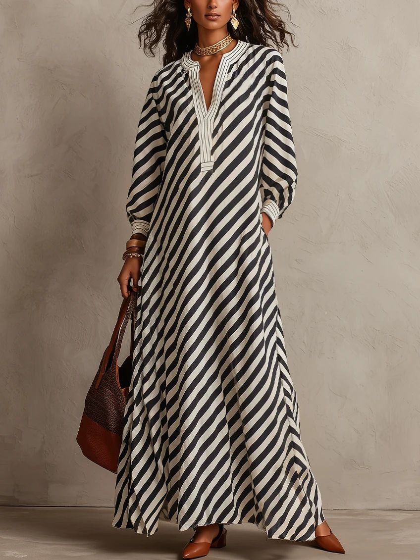 V-Neck Striped Loose Long Dress