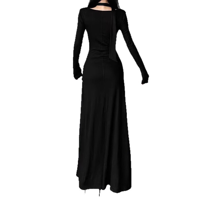Off-Shoulder V-Neck Long-Sleeve Slimming Midi Dress
