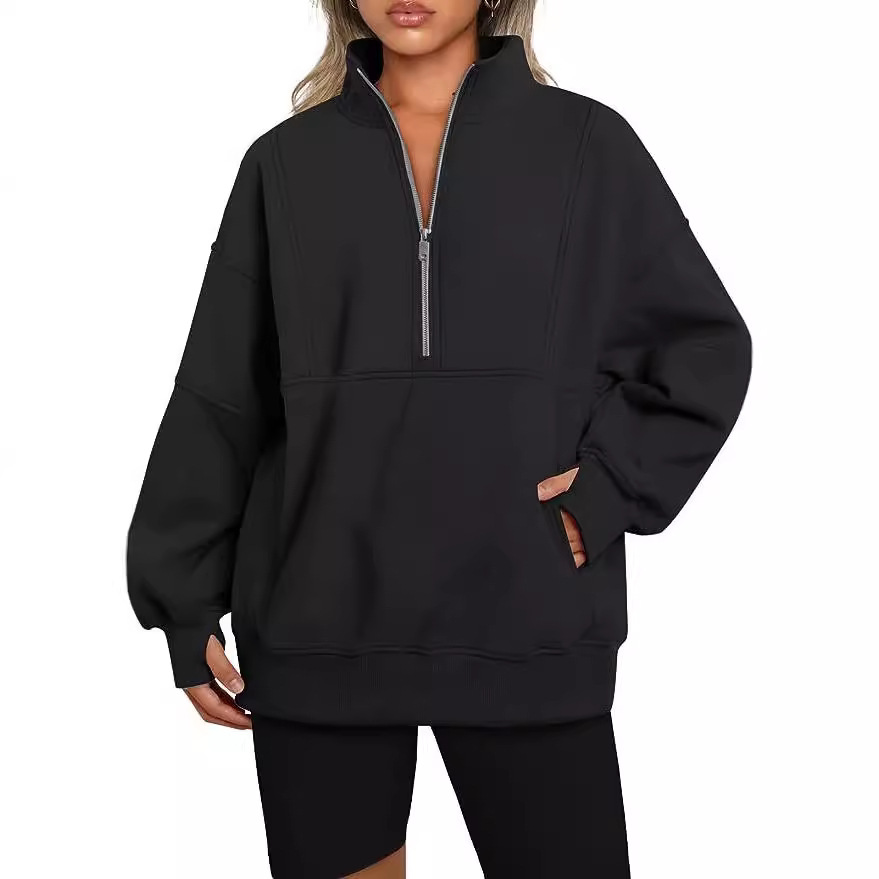 Women's Fleece-Lined Half-Zip Pullover Hoodie with Pockets and Stand Collar