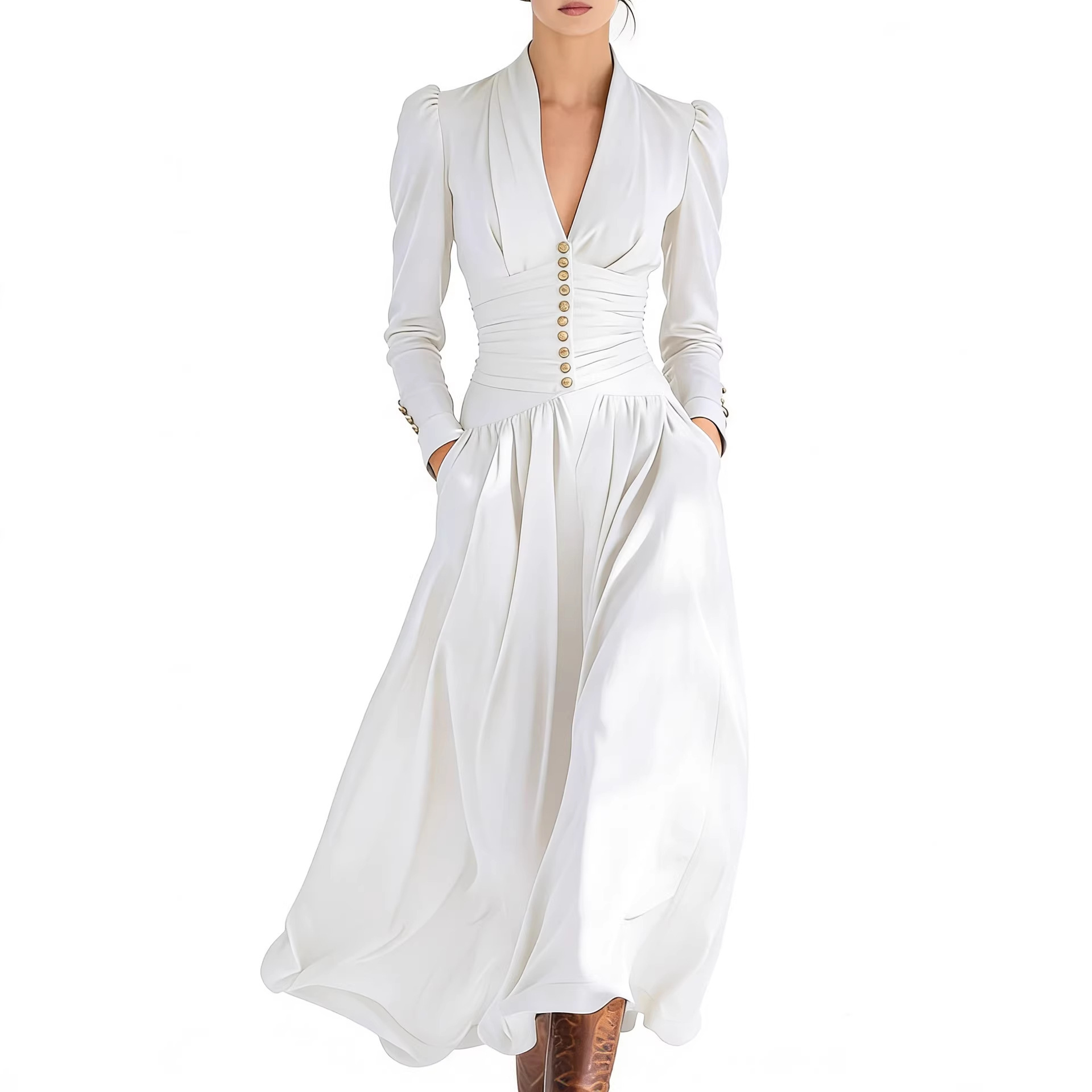 Elegant V-Neck Puff Sleeve Long Sleeve Maxi Dress with Cinched Waist