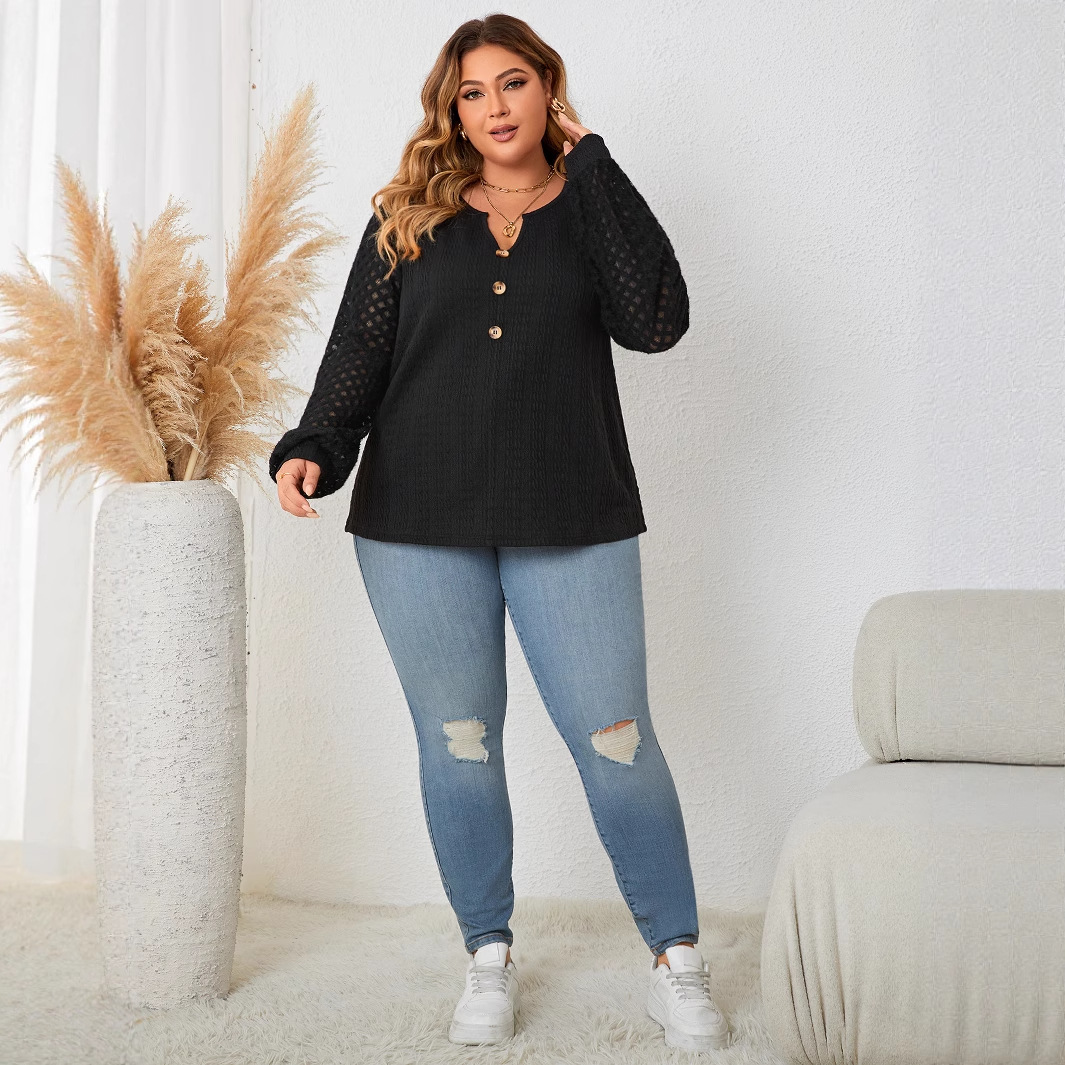 Women's Plus Size Lace-Trim Button Knit Long-Sleeve Top