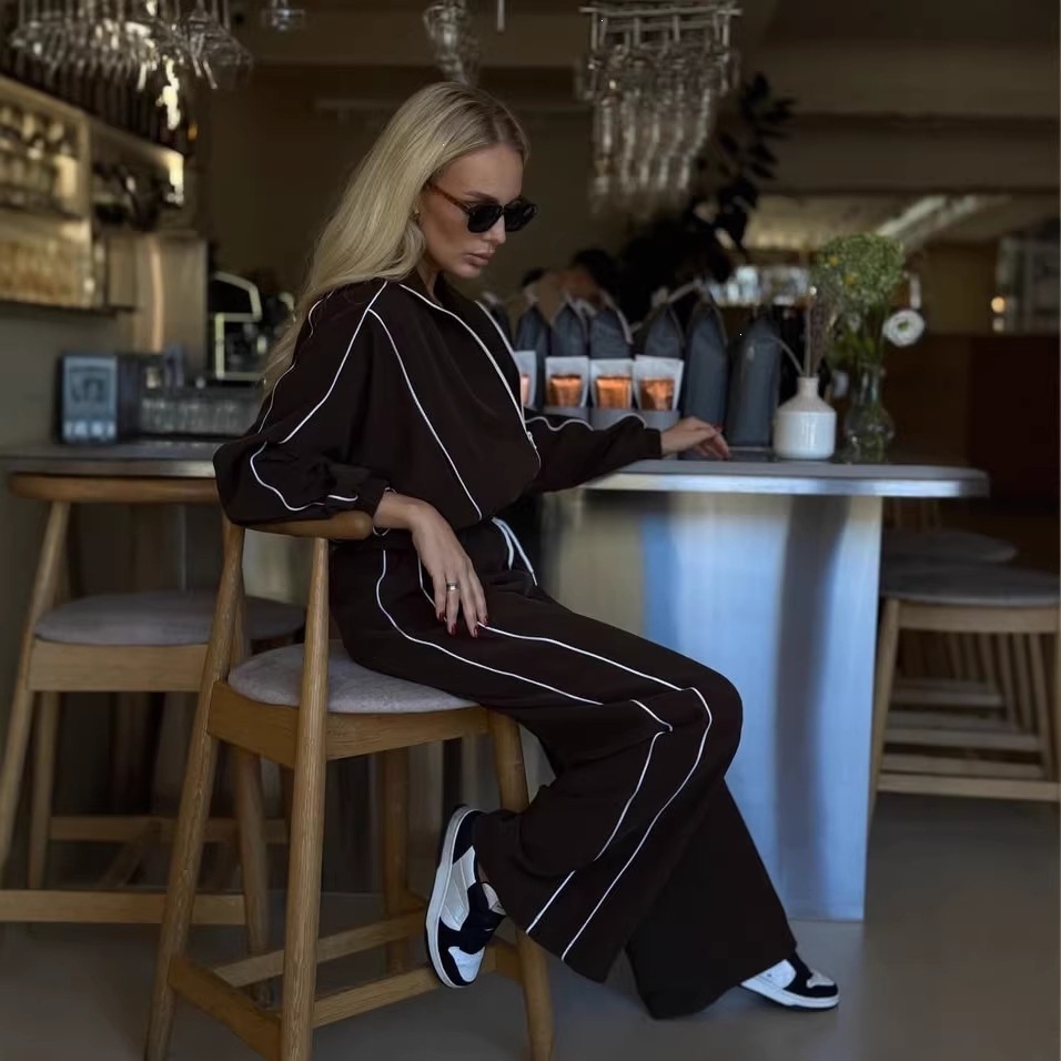 Women's Striped Zip Cardigan & Wide-Leg Pants Two-Piece Set