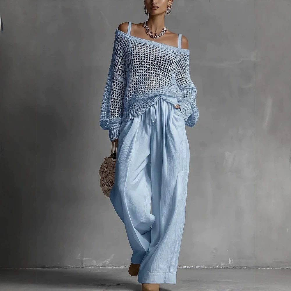 Women's Open-Knit Top and Cotton-Linen Pants Two-Piece Set