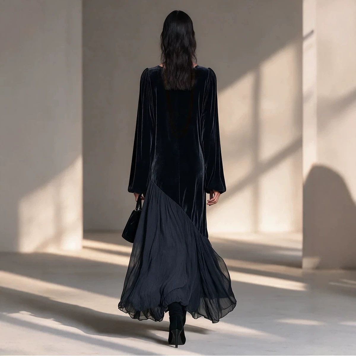 Black Velvet & Chiffon Paneled Long Dress with Round Neck and Puff Sleeves