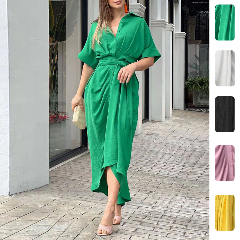 Women's High-Waist Collared Long Shirt Dress