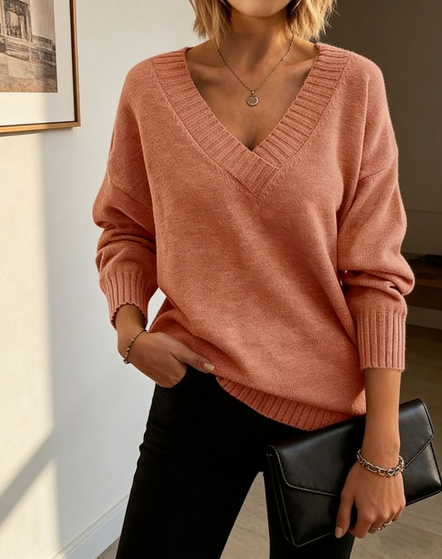Women's Loose V-Neck Pullover Sweater Solid Color Knit Top