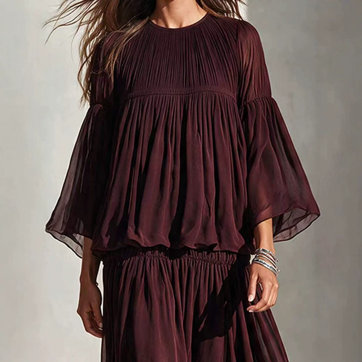 Women's Chiffon Pleated Bell Sleeve Maxi Dress Boho Vacation Long Dress