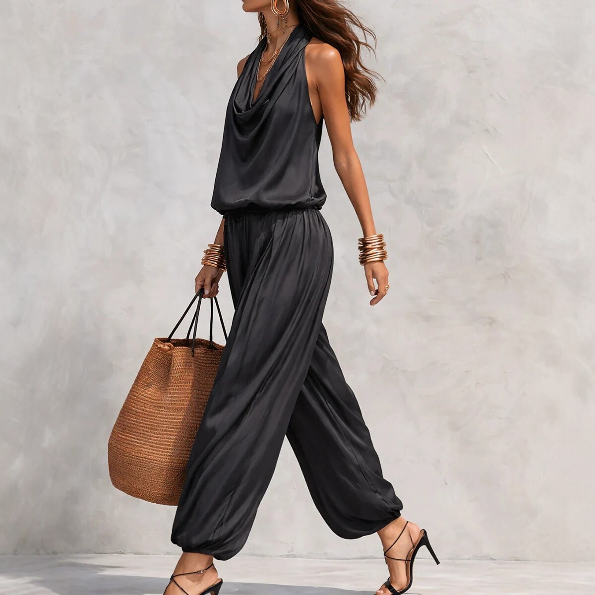 V-Neck Waist-Cinching Ruffle Midi Dress