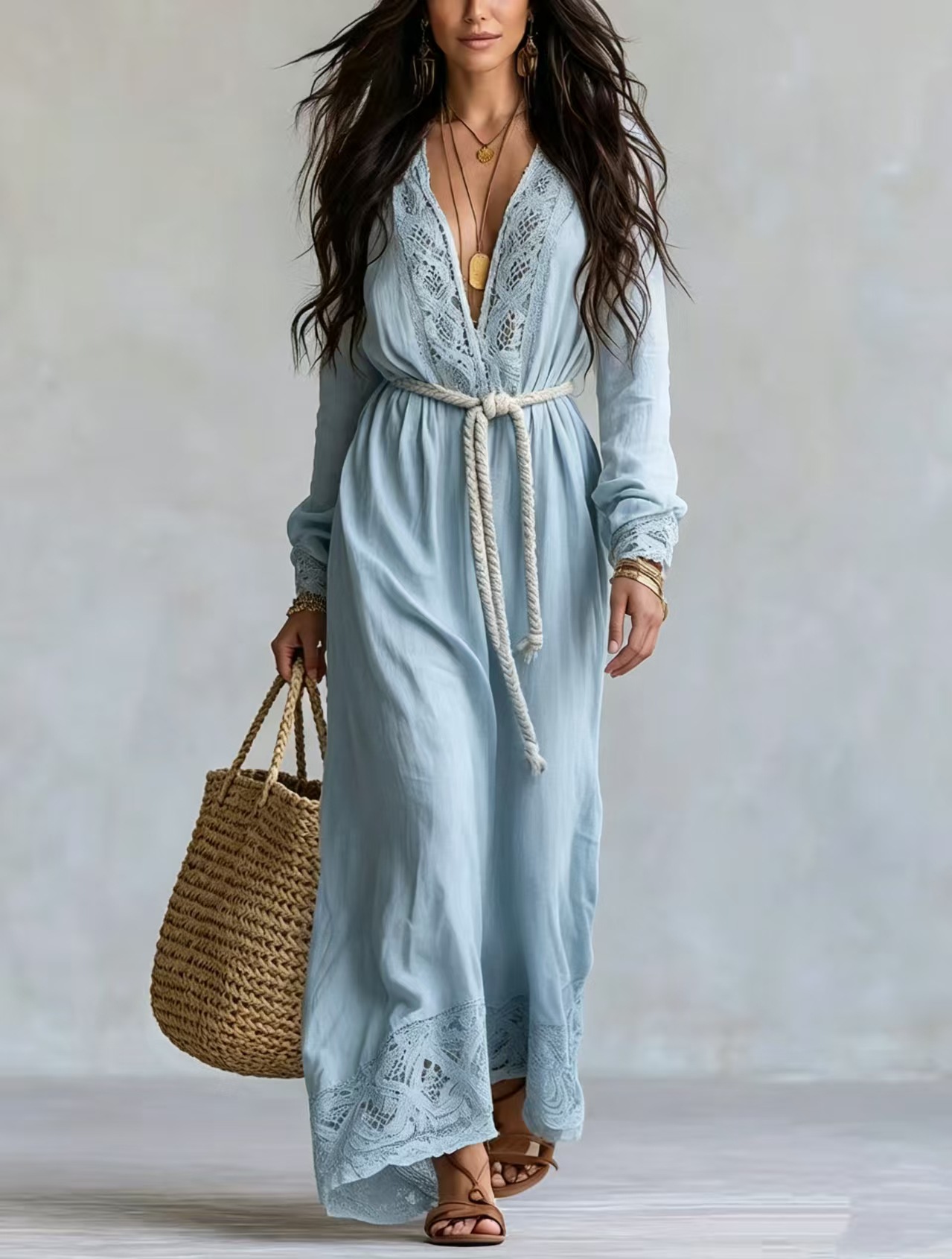Bohemian V-Neck Lace Tie Long Dress
